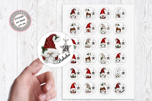 24 Stück zuckersüße Adventskalenderaufkleber Sticker Wichtel Gnome /4cm rund mit-oder ohne 24 Beutelchen aus Kraftpapier von Lüttentüddel